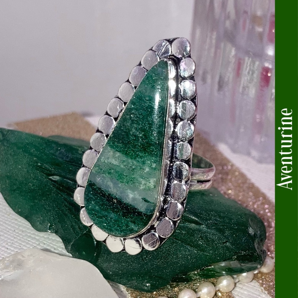 Green Aventurine Gemstone Handmade Halo Ring